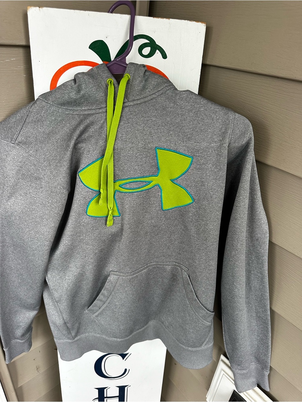 Under Armour Gray Hoodie with Neon Green Logo and Drawstrings
